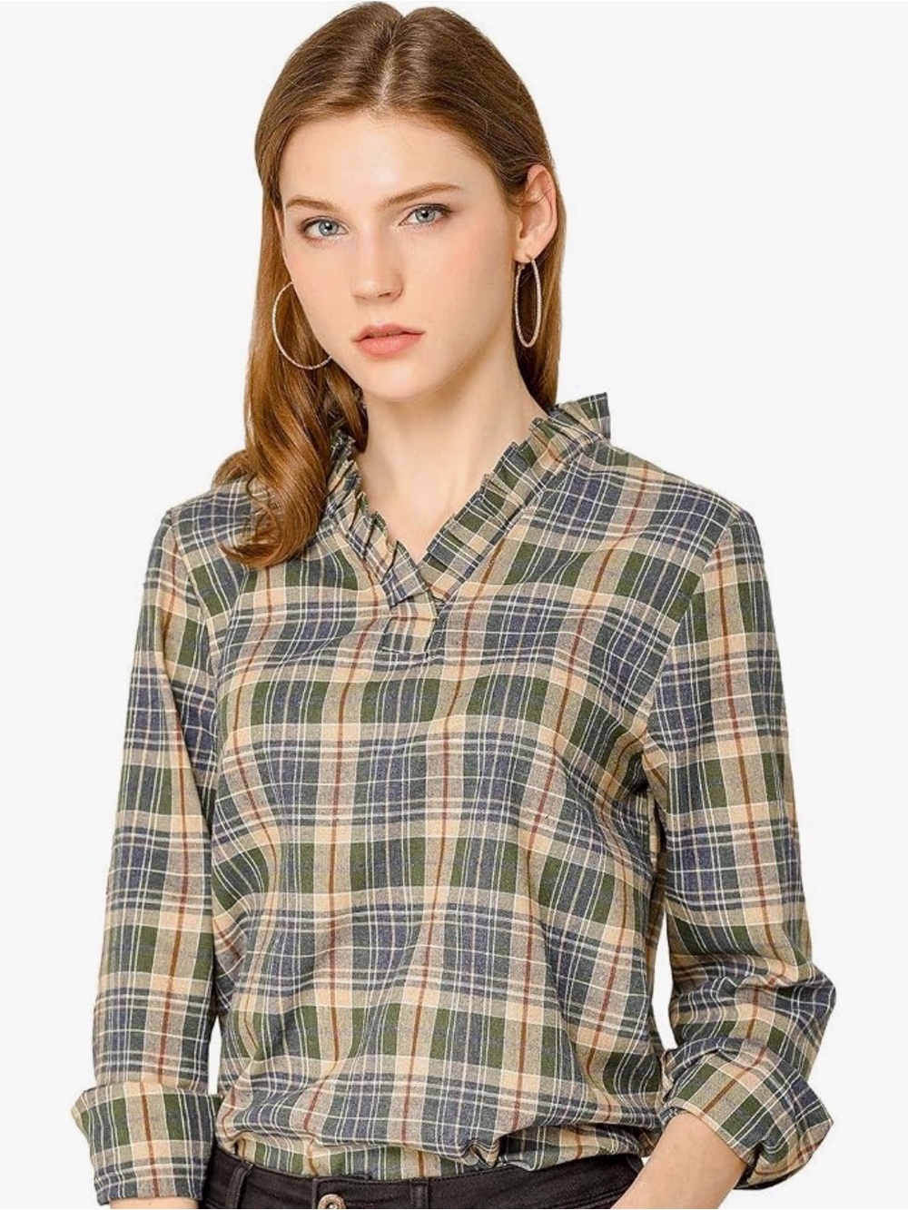 Allegra K Plaid Notch-Neck Top in Blue, Green & Cream